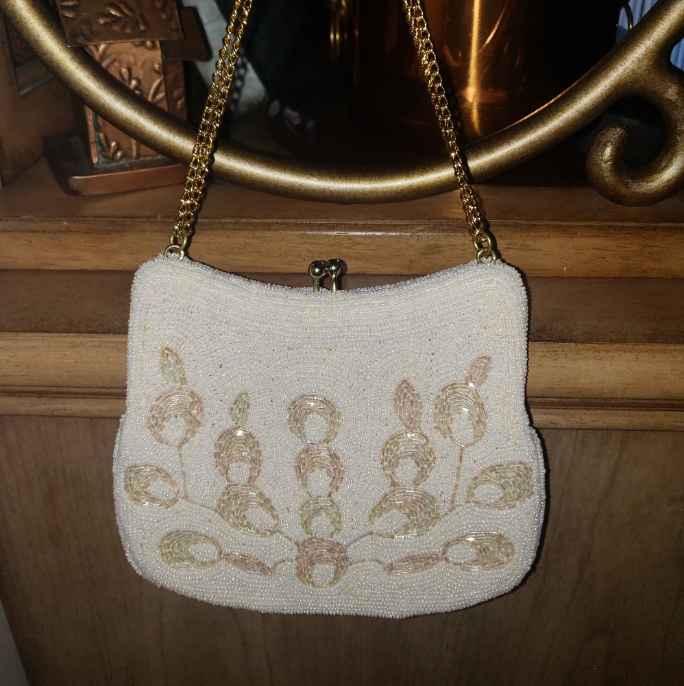 White Beaded Handbag Opalescent Glass Seed Beads Made in Korea